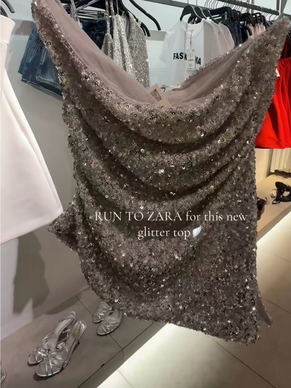 Zara Silver Sequin Cowl Drape Top NWT | Size M